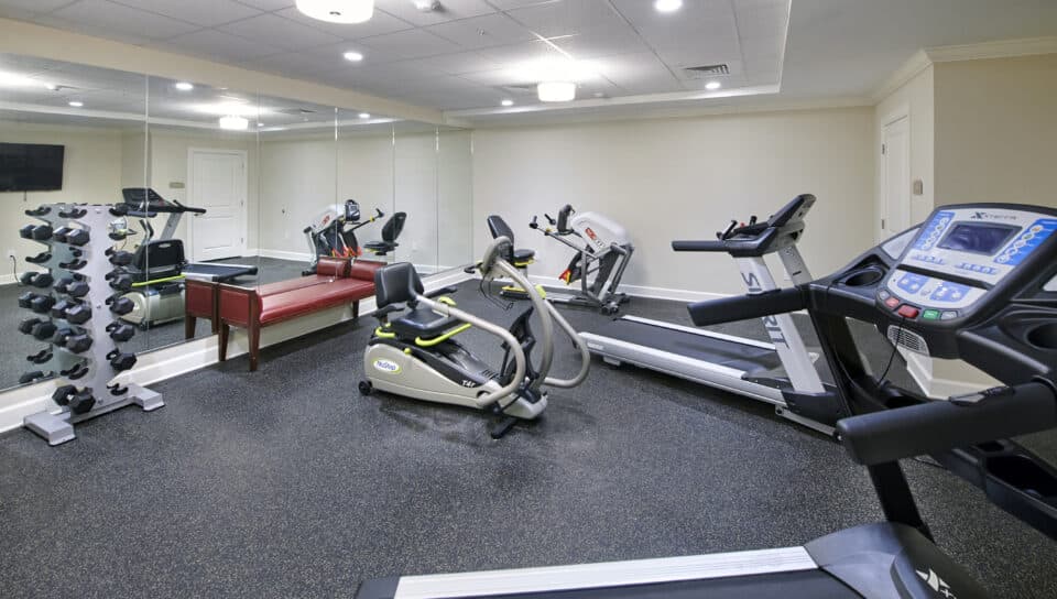 exercise room with equipment, treadmills, free weights bench and cycling machine
